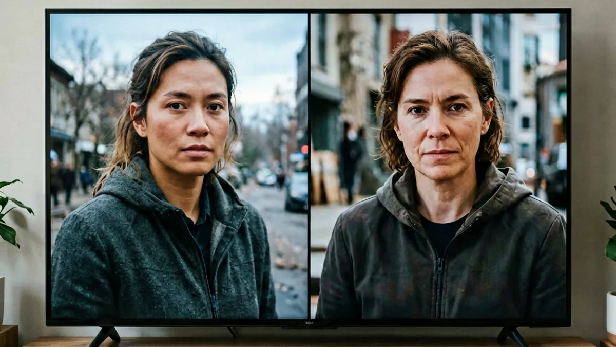 片多多 - 不同视频平台在电视大屏上播放同一部影片的画质画面对比，展示4K HDR与1080P的色彩与清晰度差异