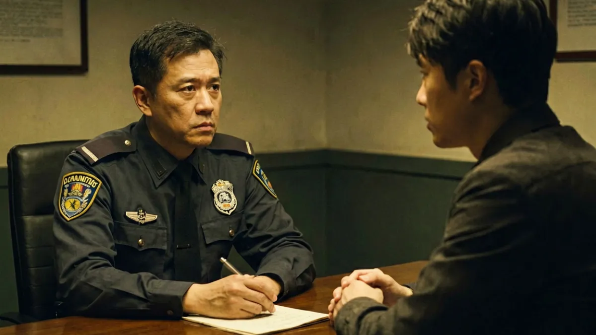 《长夜将至》剧照，刑警在昏黄灯光下审讯嫌疑人的紧张场景