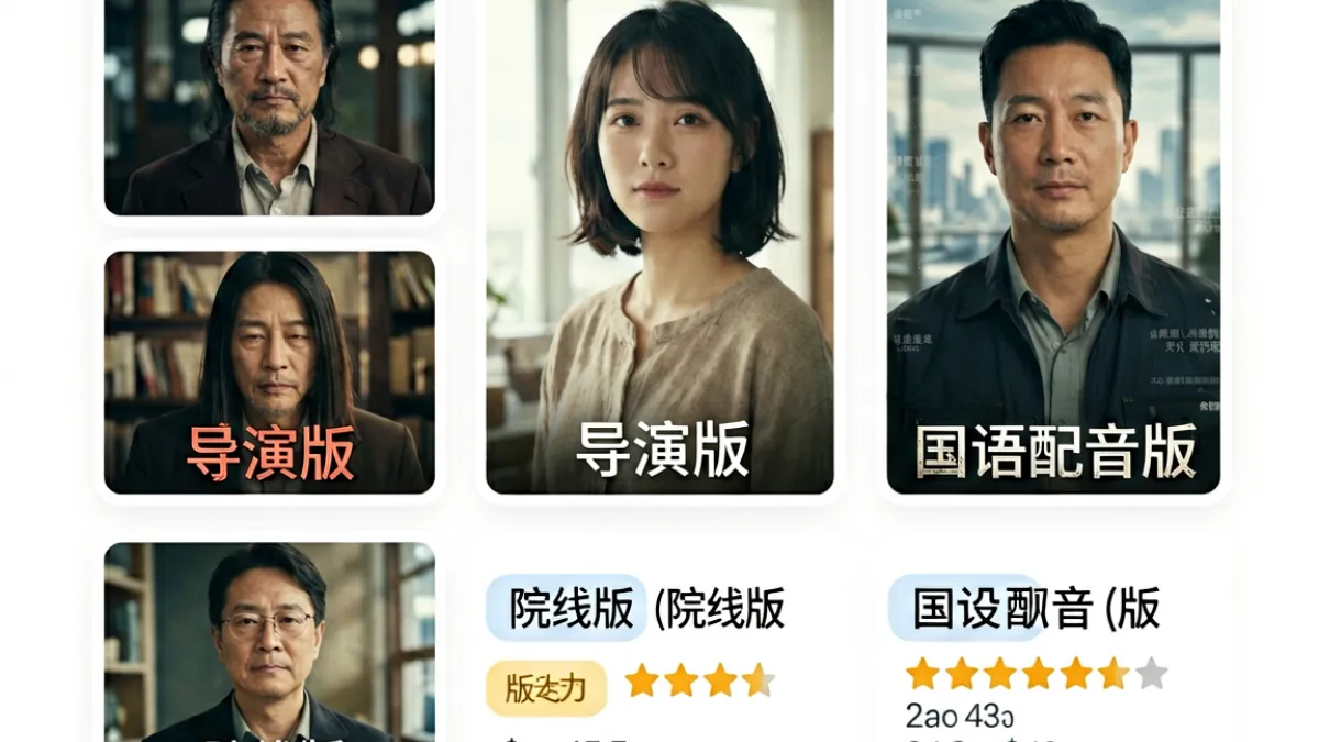 片多多搜索结果页展示同一部影片多个版本的区分标注，包含导演版、院线版与配音版的对比信息